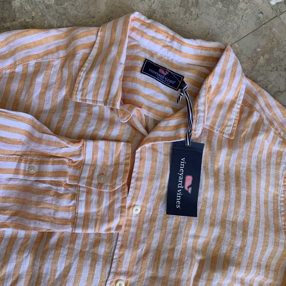 Vineyard Vines Stripe Tisbury 100% Linen Shirt Mens Large Long Sleeve Orange NWT